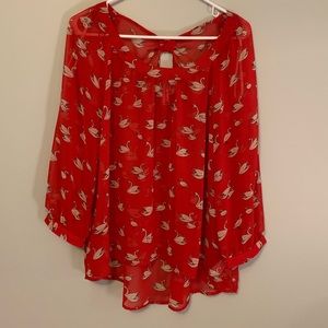 Red forever 21 sheer blouse with flamingo prints.